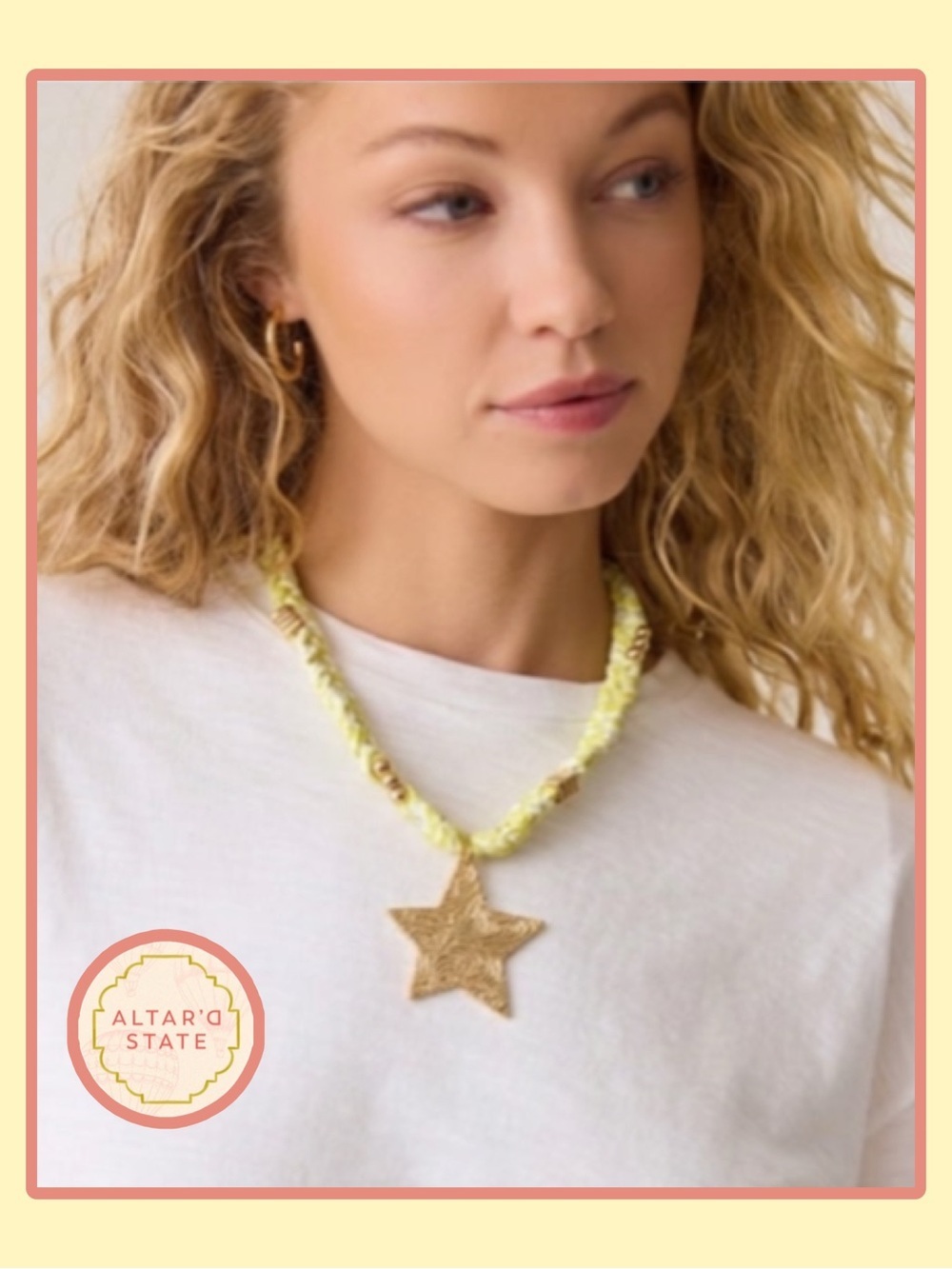 NWT Altar'd State Yellow Braided Scarf Necklace with Gold Star Charm gold beads